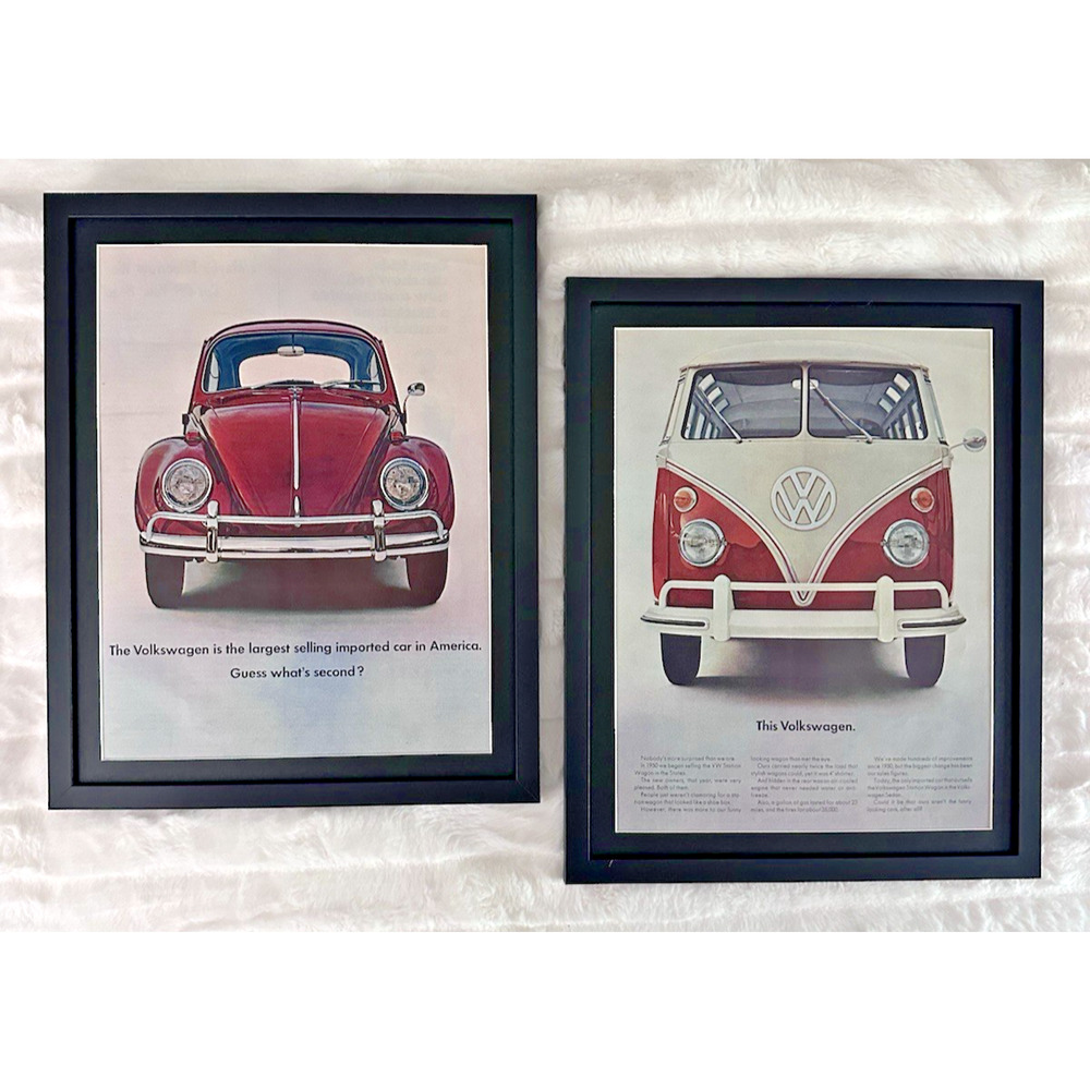 2 Framed 1965 Volkswagen Beetle And Bus Double Page Ad “Largest Selling Import”